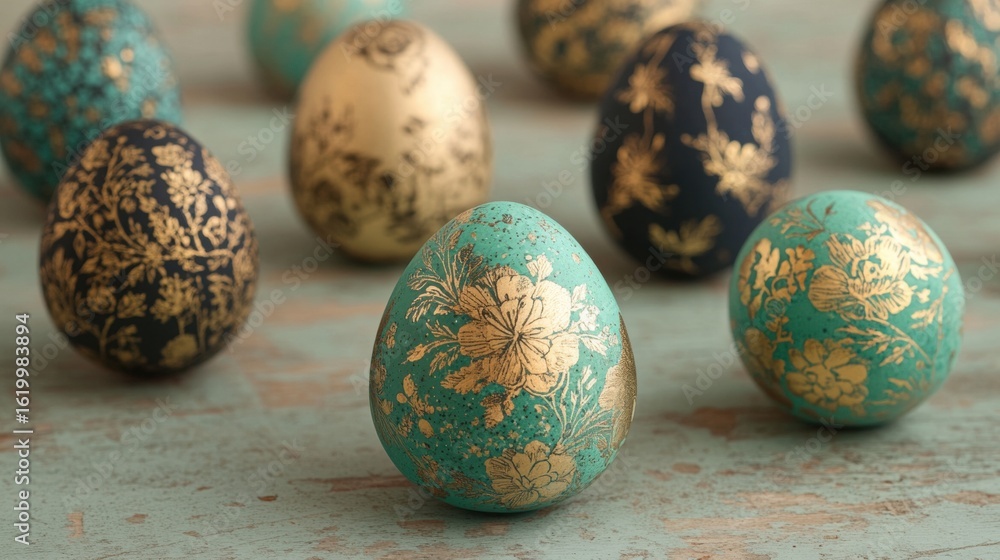 Poster decorative eggs with intricate designs displayed on a rustic surface