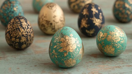 Decorative eggs with intricate designs displayed on a rustic surface
