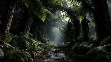 Exploring dense jungle path ferns nature tranquil vertical
