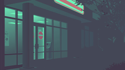 A minimalist flat illustration of a closed convenience store at night with a glowing sign and trees casting shadows