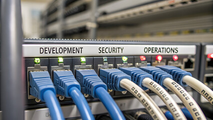 DevSecOps Integration Security Automation Secure Network cables connected to a server, labeled for development, security, and operations.