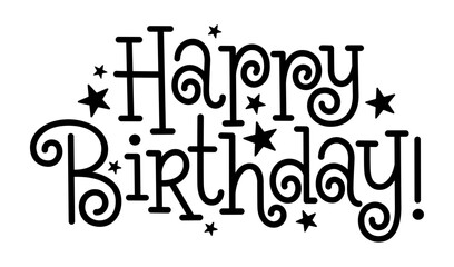 HAPPY BIRTHDAY black hand lettering banner with stars on transparent background