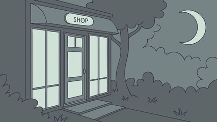 A charming cartoon shop with large windows and a prominent sign stands under a crescent moon on a quiet dark night