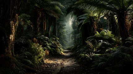 Exploring dense fern jungle path nature scene tranquil view