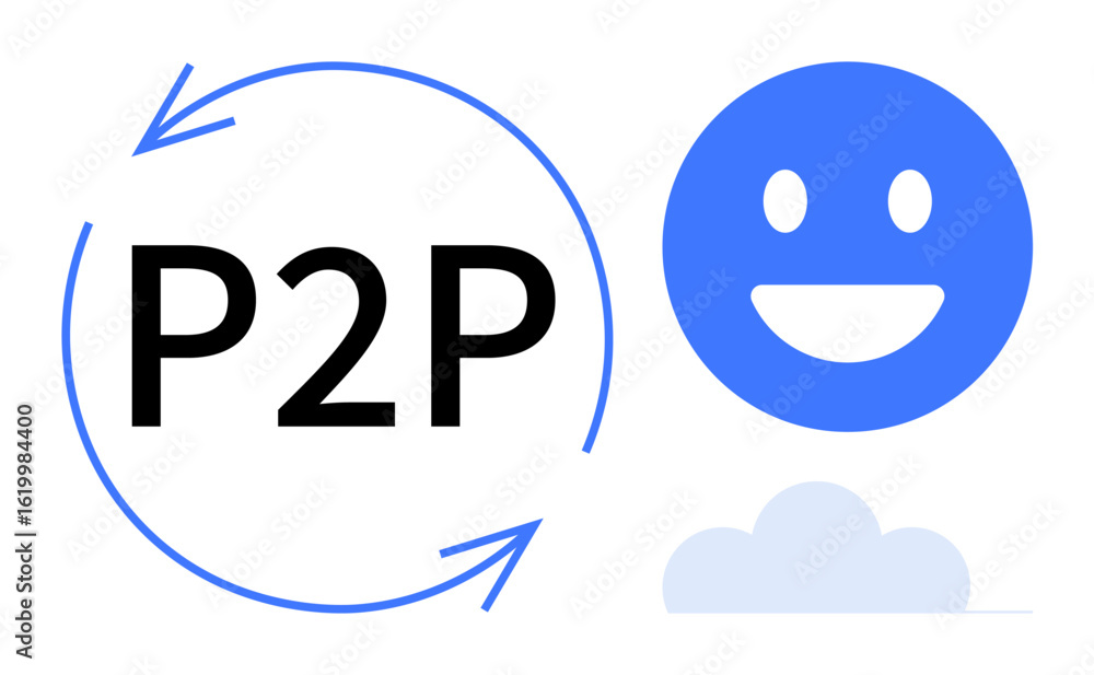Poster p2p text encircled by circular arrows beside a cheerful blue face and simple cloud. ideal for networ