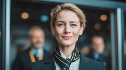 Obraz premium Airline stewardess passing airport security checkpoint in uniform