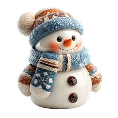 A festive snowman figurine wearing a knitted hat and scarf on a background isolated on transparent background