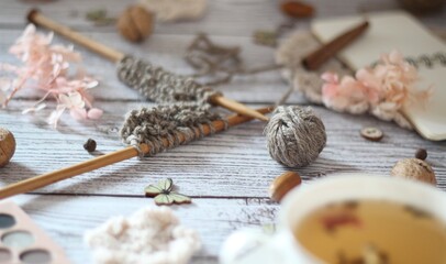 Knitting process, needles, cup of tea and different objects on the table beautiful photo 