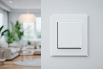 Modern white light switch on wall with soft Scandinavian interior in background
