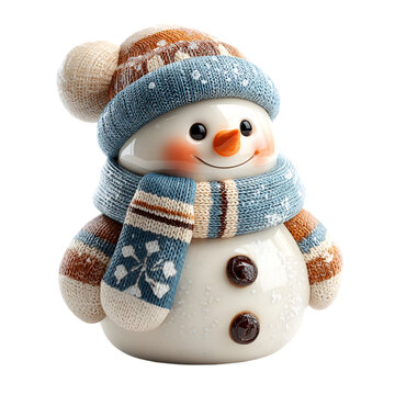 A festive snowman figurine wearing a knitted hat and scarf on a background isolated on transparent background
