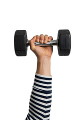 Hand Holding Black Dumbbell Overhead for Strength Training Isolated on PNG Background.