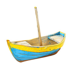 Small wooden boat, blue and yellow, with a mast