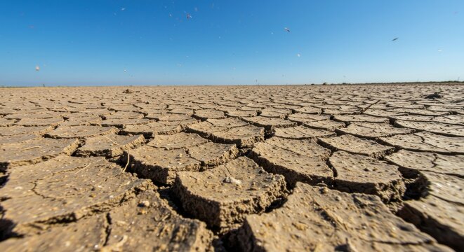 Cracked, dry earth under a clear blue sky, suggesting aridity and environmental impact