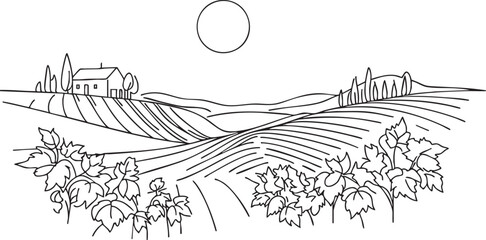 Sketch vineyard simple landscape. Hand drawn monochrome vintage horizontal sketch © pylypchuk25