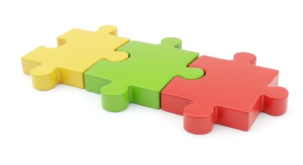 Three interlocking, oversized jigsaw pieces sit against a white background. The pieces are brightly colored in yellow, green, and red