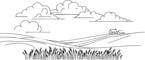 Wheat Farming landscape vector. Farm and Fields with Harvest sketch