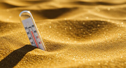 A thermometer, plunged into golden sand, suggests scorching heat. The angled instrument shows the temperature, emphasized by the bright light