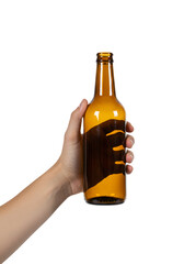 Rugged Male Hand Gripping Vintage Empty Amber Beer Bottle At Sunset Lighting Isolated On PNG Background