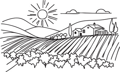 Sketch vineyard harvest landscape. Hand drawn monochrome vintage horizontal sketch