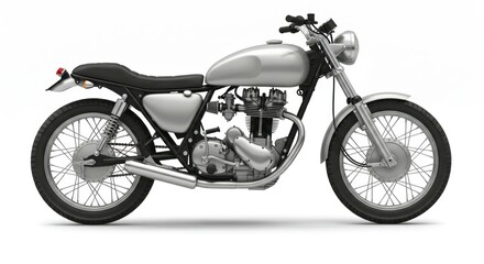 A classic, silver motorcycle with a black seat, round headlight, and chrome exhaust, seen in profile against a plain white background