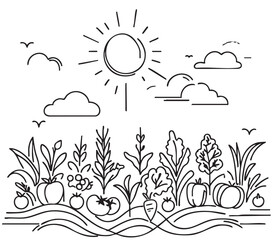 Vegetable sketch with a variety of vegetables, landscape. Vector illustration set