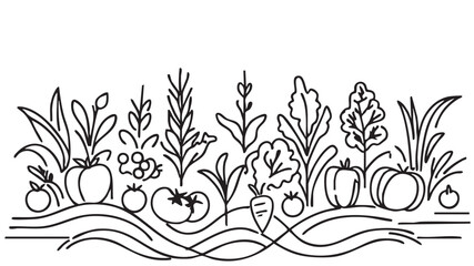 Vegetable sketch with a variety of vegetables, landscape. Vector illustration set