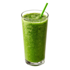 Refreshing green smoothie in tall glass with green straw, showcasing healthy blend of fruits and vegetables, perfect for nutritious drink