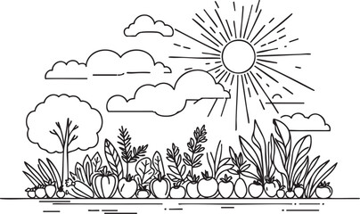 Vegetable sketch with a variety of vegetables, landscape. Vector illustration set