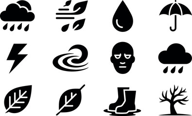 Black Glyph Icons: Weather, Nature, and Seasonal Changes Set