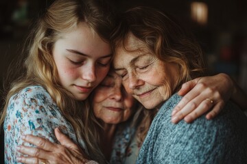 Teenage girl hugging her mother and grandmother at home, capturing a tender moment of multi-generational affection and family closeness, Generative AI