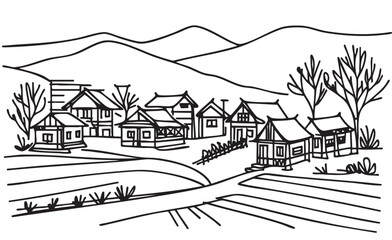 vector hand drawn village houses sketch and nature, landscape
