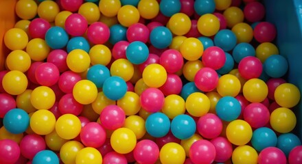 Obraz premium A close-up shot reveals a vibrant, overflowing pool of multicolored plastic spheres, a playful mix of yellow, pink, and teal