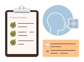 Checklist with green checkmarks, human profile with speech recognition, and categorized text box. Ideal for education, task tracking, communication, speech processing, organization, planning data