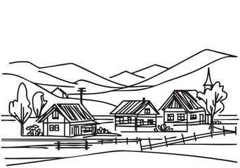 Hand drawn village houses sketch and nature, landscape