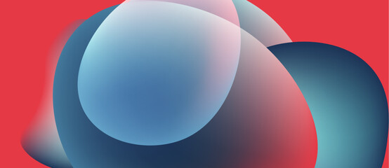 Abstract composition featuring overlapping colorful circles. Soft gradients create fluid shapes, vibrant red background dominates.