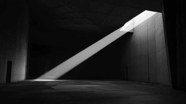Atmospheric interior of a vast, dark brutalist concrete hall, with dramatic light and shadows creating a powerful, minimalist space.

