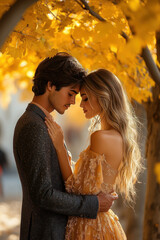 Fototapeta premium Couple embracing in autumn leaves.