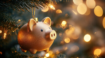 Golden piggy bank ornament hanging on a Christmas tree branch with glowing festive lights, representing 2026 seasonal savings, financial planning, and holiday budget awareness. Banner with copy space