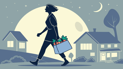 A silhouette of a woman walks home at night carrying a bag of fresh groceries under a large moon and starry sky