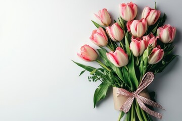 Happy Mother's Day composition with fresh flowers arranged on a white background, symbolizing love, gratitude, and family connections, Generative AI