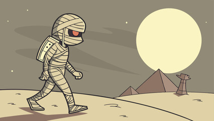 A cartoon mummy walks across a desert landscape under a large full moon with pyramids in the background