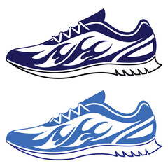 Pair of Stylish Running Shoes with Flame Design in Blue and Dark Blue