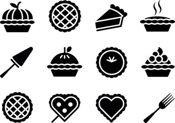 Sweet Pie Icons: Black Glyph Style, Delicious Bakery Graphics
