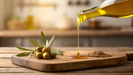 Olive Oil Pouring on Wooden Board with Olives and Seeds