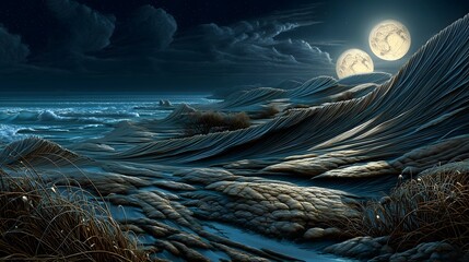 Prehistoric dunes at night coastal landscape digital art