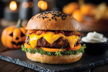 Halloween-themed burger with jack-o'-lantern.