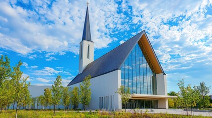 Modern church building with steeple