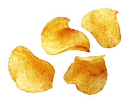 Four potato chips arranged in a circular pattern against a black background.  Golden-yellow, irregular, and slightly curved chips with a light, crispy texture.  Spiced or seasoned