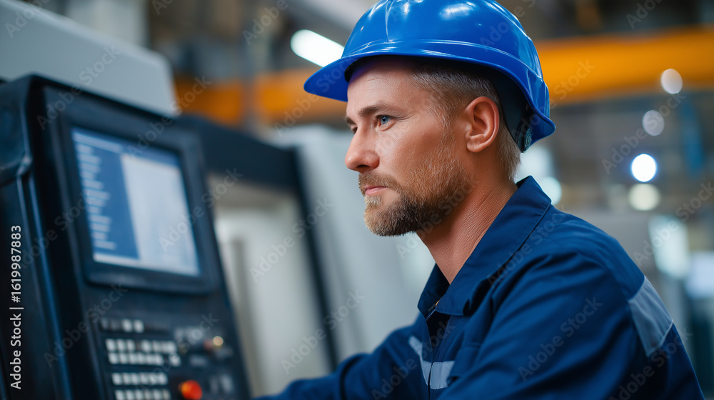 Poster cnc operator with helmet at vertical machining center