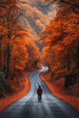 Obraz premium A man walking down a forest road.